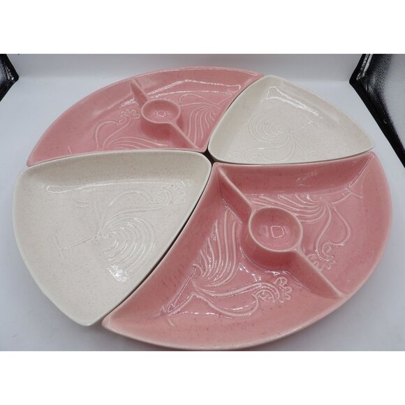 Vintage Rooster Divided Serving Platter Set - Pink & White Ceramic - 4 Sections - Picture 2 of 13